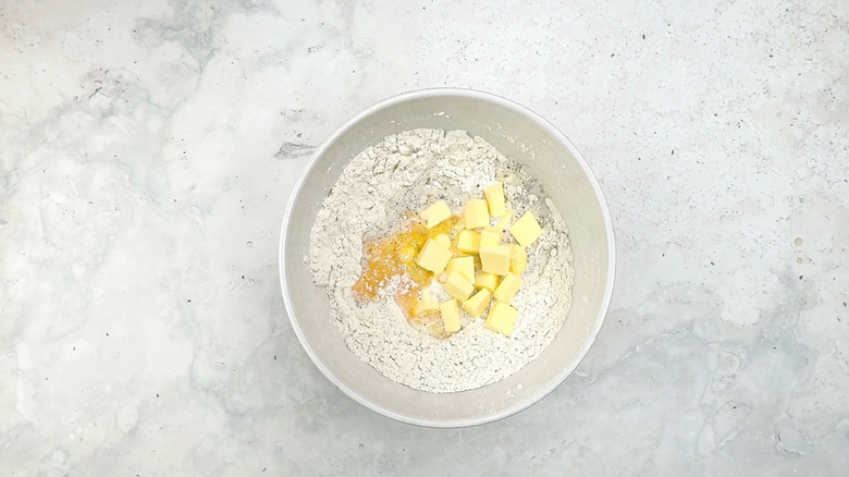 bread dough mixture in mixing bowl