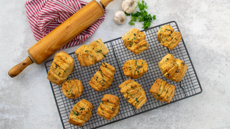 garlic fan rolls on cooling rack