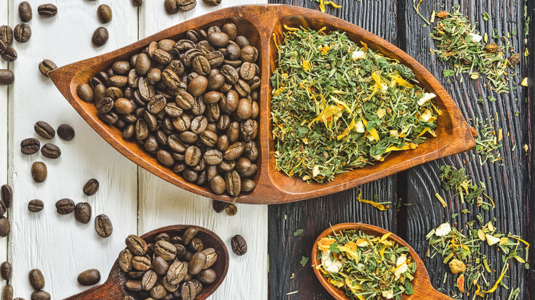 coffee beans and tea leaves