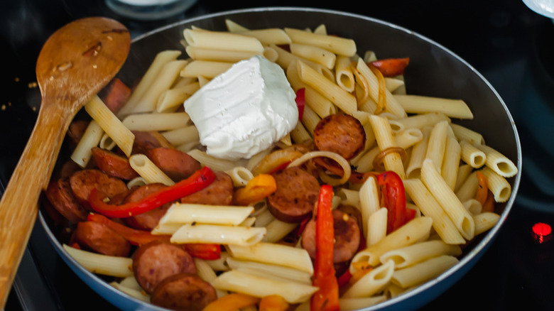 sausage, pasta, and cream cheese with vegetables