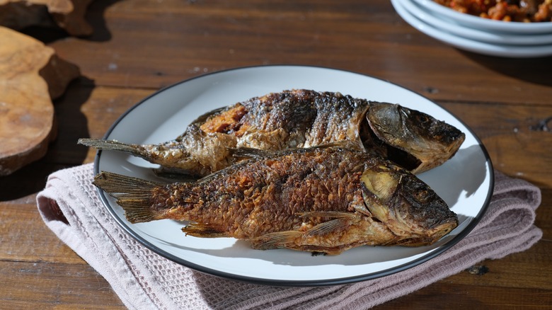 Fried Asian carp on white plate