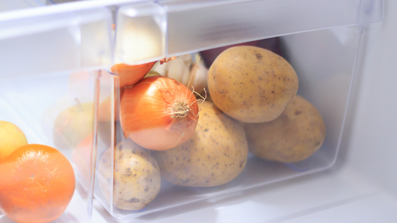 Potatoes and onions in refrigerator drawer