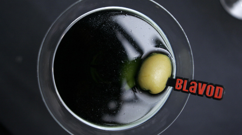 overhead shot of a black martini cocktail made with Blavod vodka