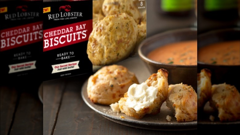 Red Lobster Ceddar Bay biscuits on a plate with butter and soup