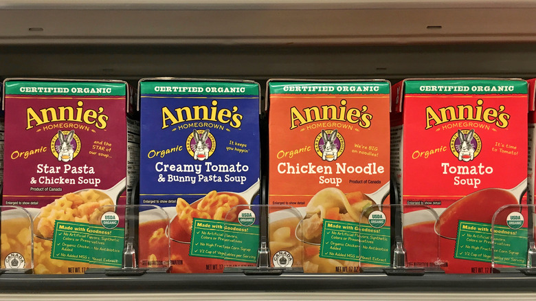 line of Annie's soup in grocery store