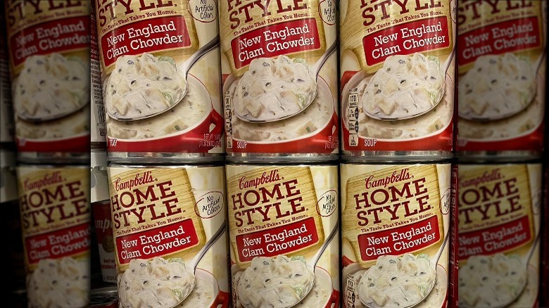 Cans of Campbell's Homestyle New England Clam Chowder