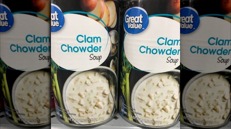 Cans of Great Value Clam Chowder soup