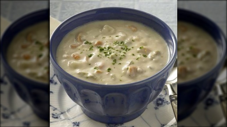 Bowl of Ivar's Puget Sound Style Clam Chowder on tablecloth