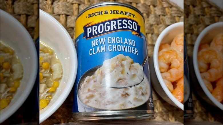 Progresso Clam Chowder next to bowls of corn and shrimp