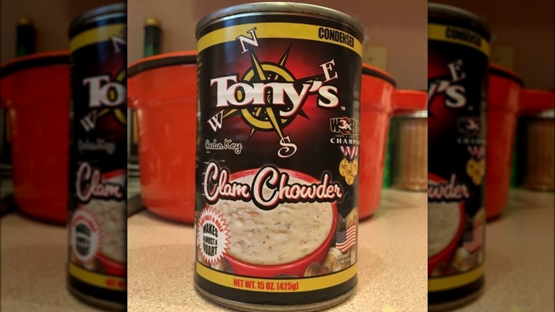 Can of Tony's Clam Chowder on kitchen counter