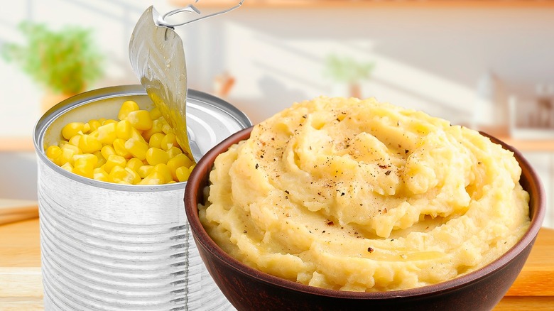 canned corn beside mashed potatoes