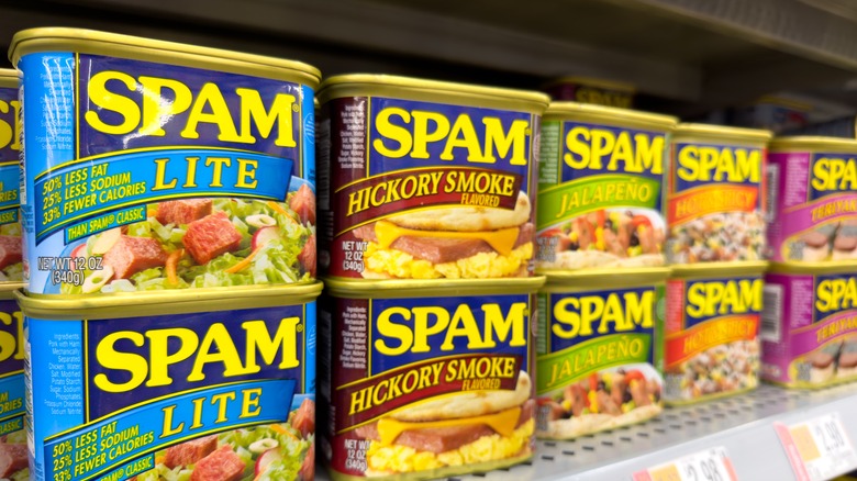 flavors of Spam on shelf