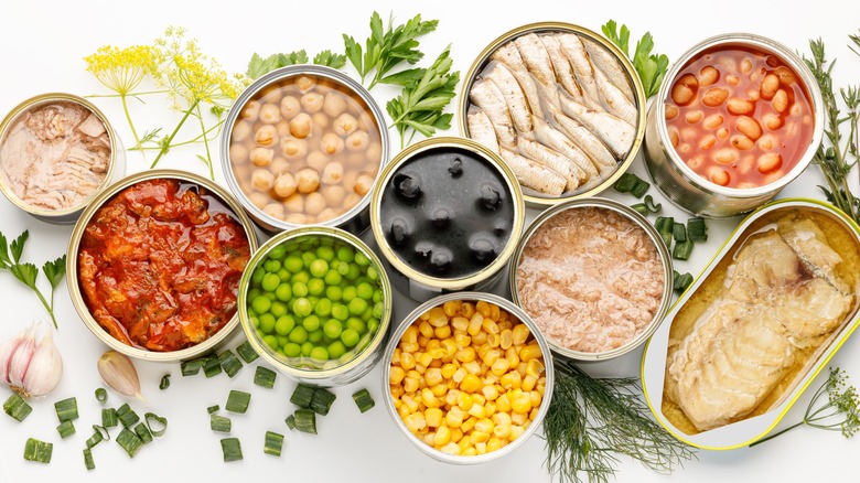 canned foods herbs white background