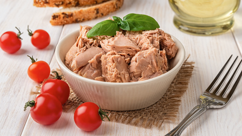 Tuna in a small white bowl