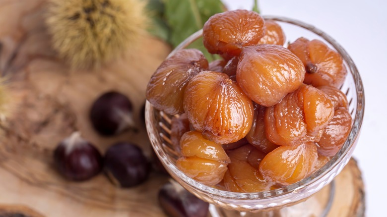 Bowl of whole, preserved chestnuts