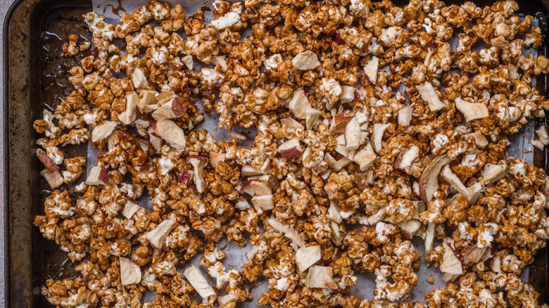 popcorn on a baking sheet 