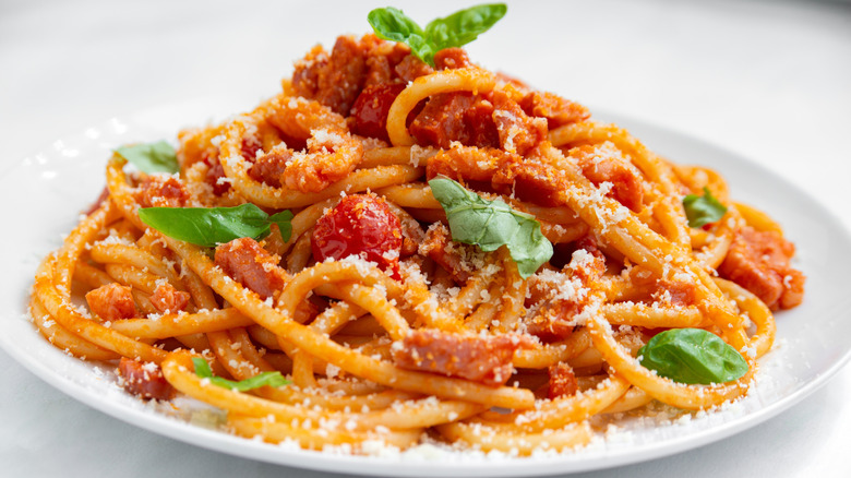 Close-up of bucatini all'Amatriciana on a plate