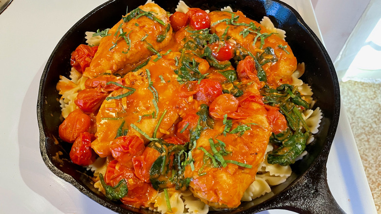 Chicken and pasta with cherry tomatoes