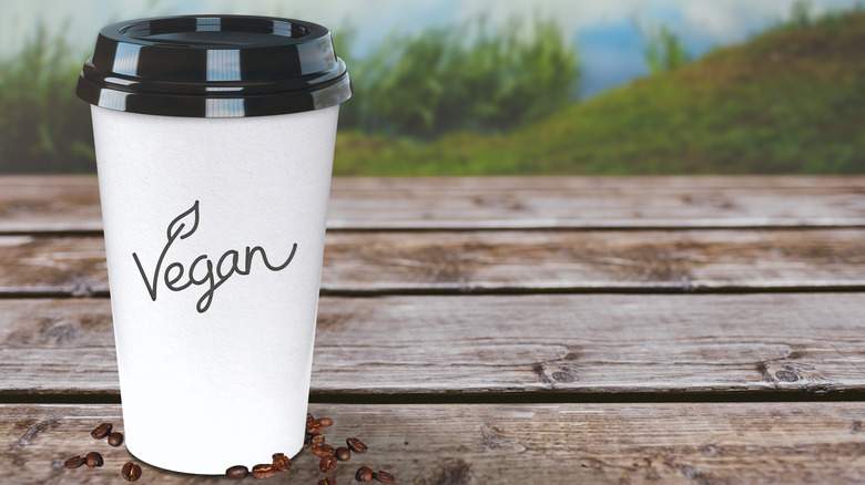 coffee cup labeled vegan