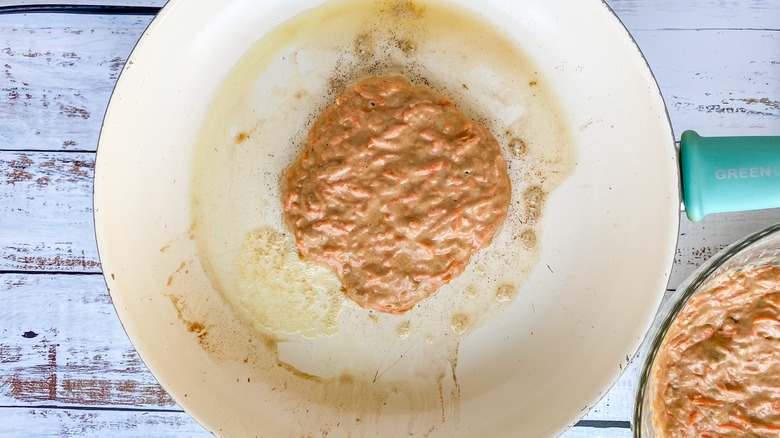 carrot cake pancake in skillet 