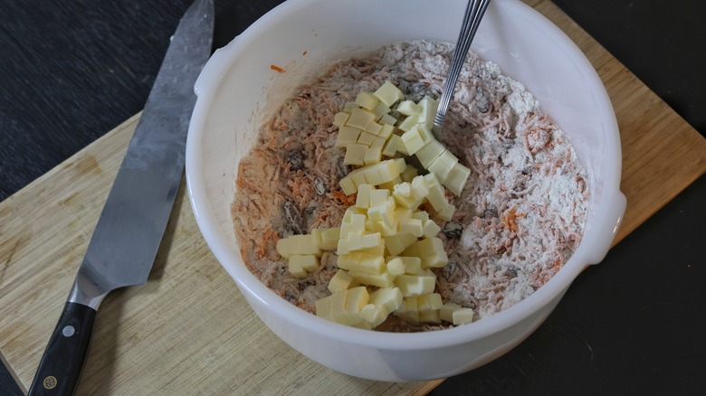 bowl with chopped butter and scone ingredients