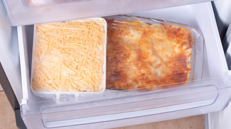 Casseroles in fridge drawer 