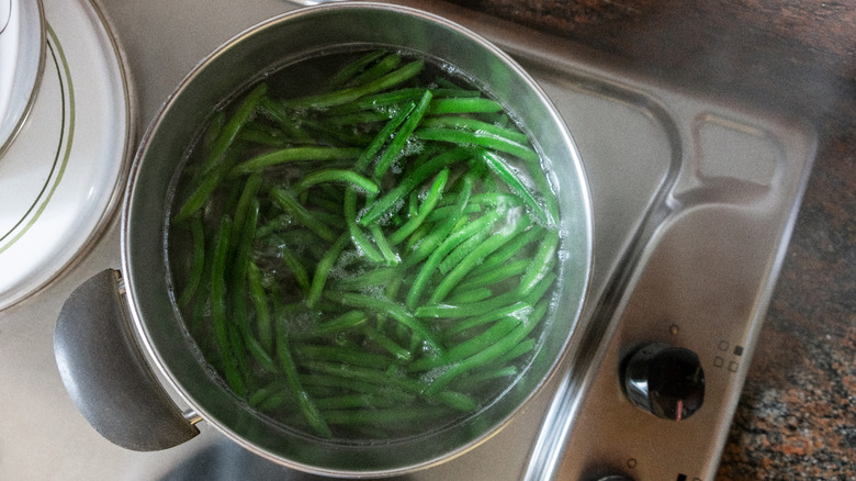 Green beans cooking in pot