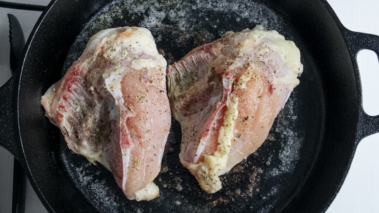 searing chicken breasts in skillet