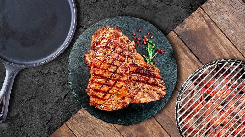 Composite image of steak with a pan and grill