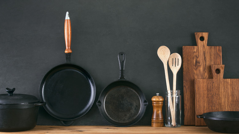 cast iron pans on counter