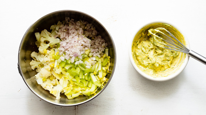 cauliflower salad preparation bowls 