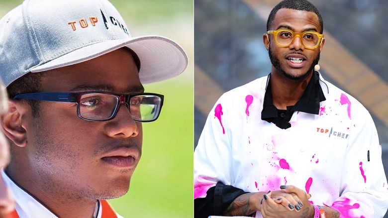 Kwame Onwuachi in Top Chef hat and Top Chef coat