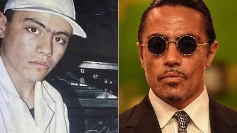 Salt Bae as a young man and with round glasses and suit