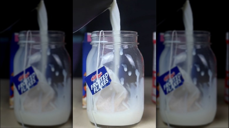 Cereal Milk being steeped in a  jar