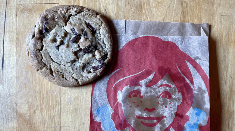 Wendy's chocolate chip cookie and bag