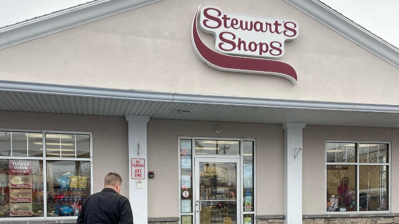 Stewart's shop exterior on cloudy day