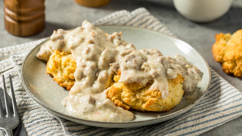 biscuits and gravy on plate