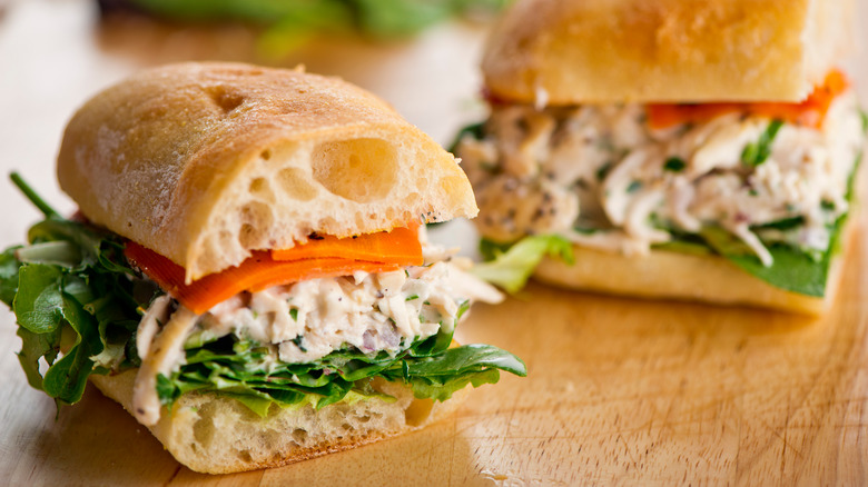 Sliced chicken salad sandwich