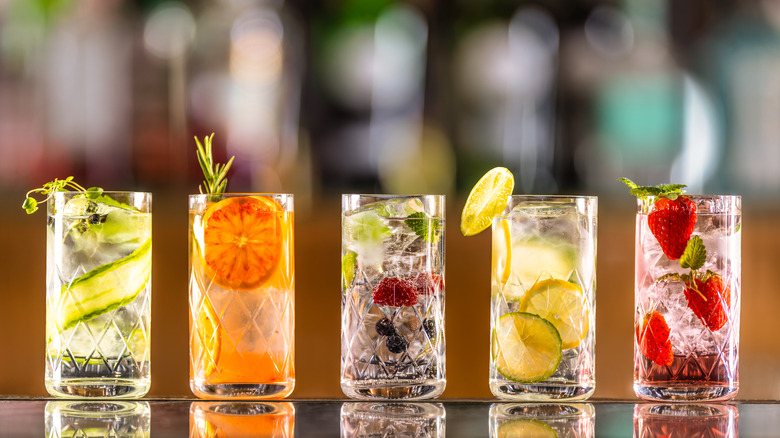 drinks lined up on bar