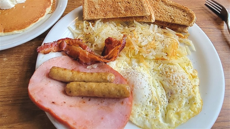 Denny's breakfast platter with ham