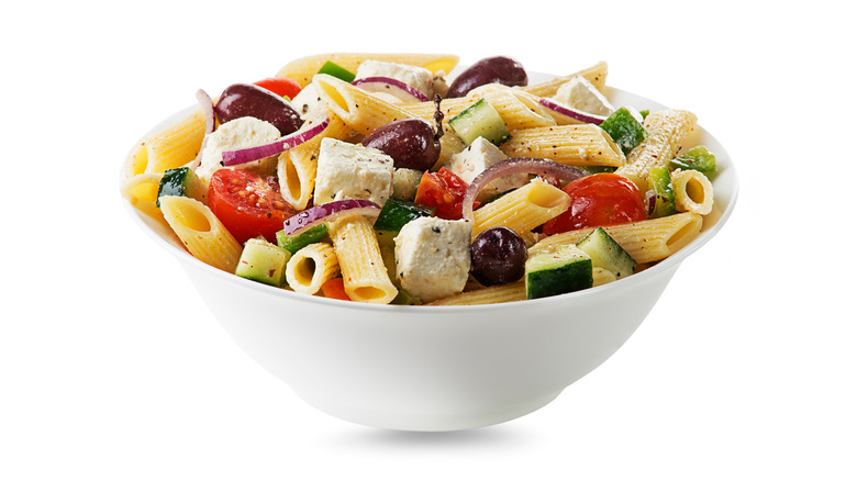 bowl of Mediterranean pasta salad