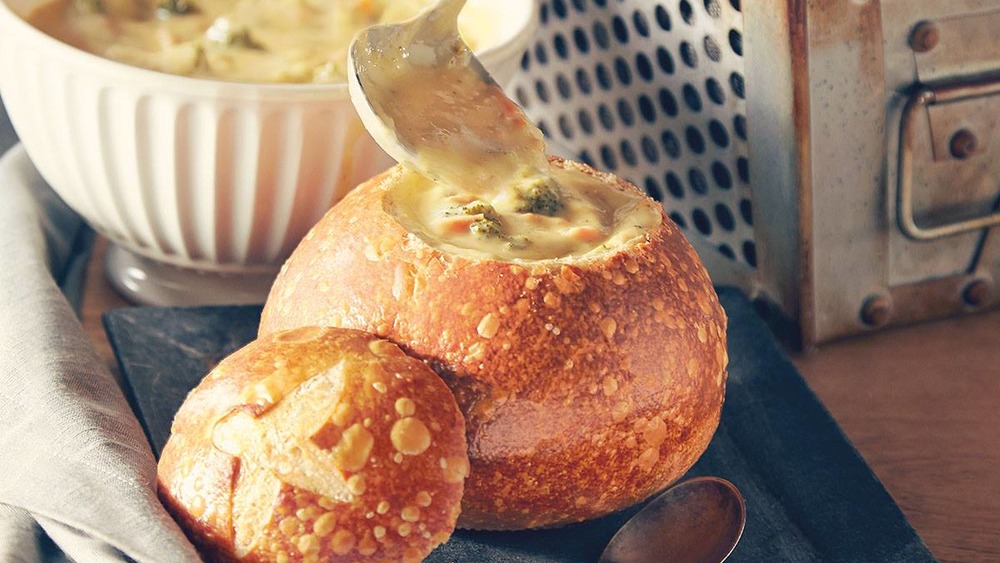 Panera Bread broccoli cheddar soup in a bread bowl