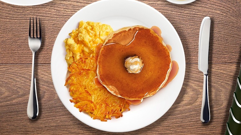 Scrambled eggs and pancakes at Denny's