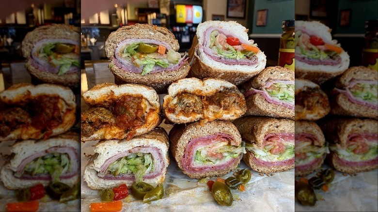 Potbelly sandwiches stacked up