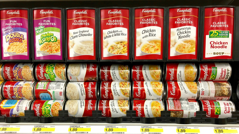 shelf of canned soups