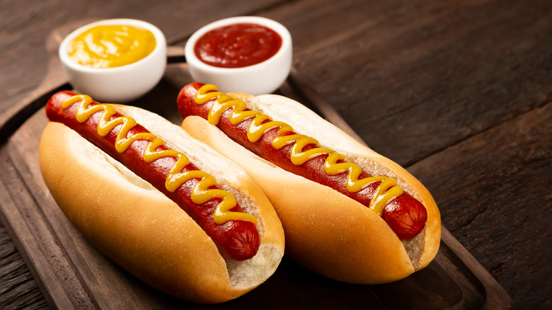 2 hot dogs with mustard and ketchup