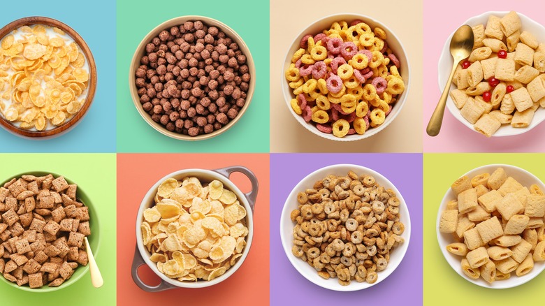 Rows of breakfast cereals in bowls