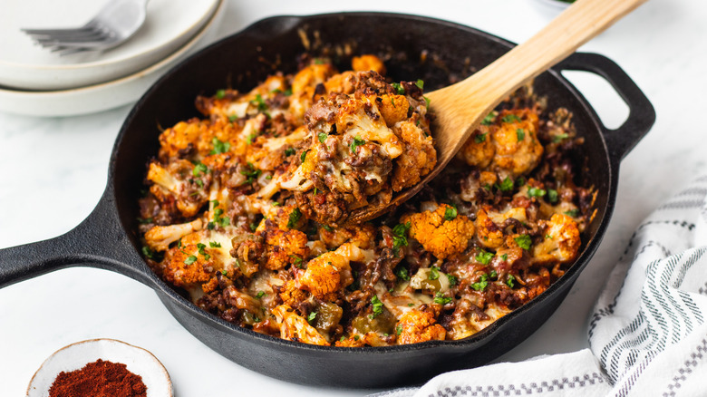 Beef and cauliflower casserole spoon