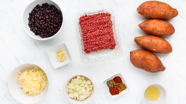 beef-stuffed sweet potatoes ingredients laid out