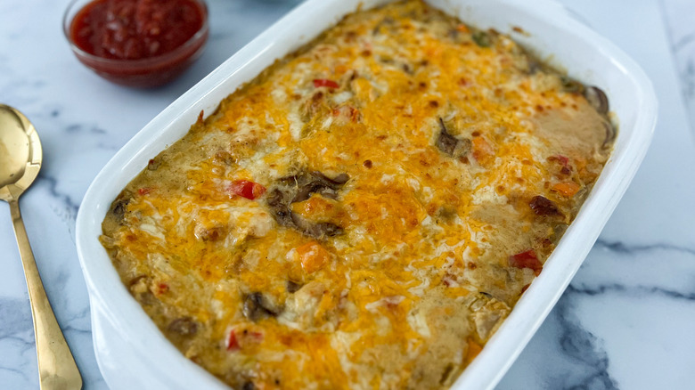 chicken casserole in white pan